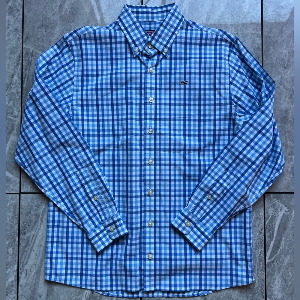 Vineyard Vine Men’s Blue/White Check 100%Cotton Whale Long Sleeve Shirt L 16-18